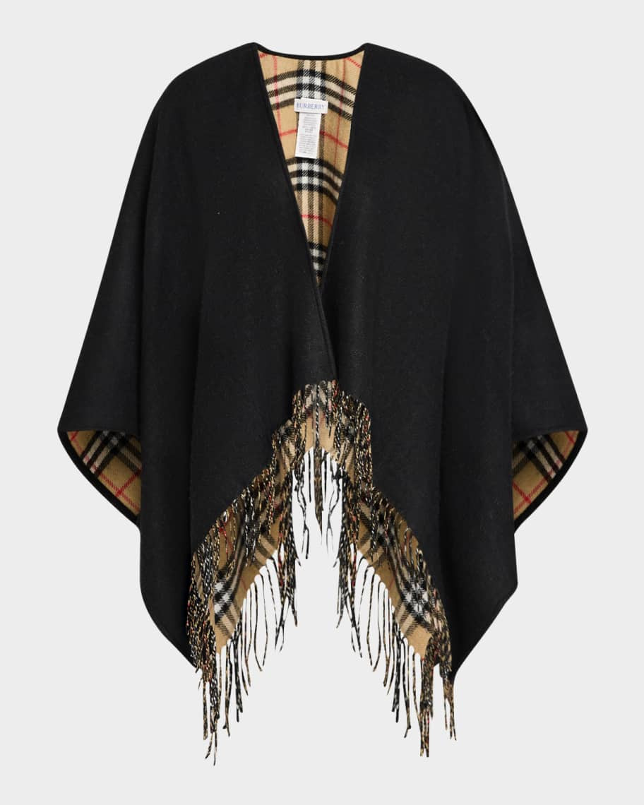 Burberry Vintage-Style Check Fringed Wool Cape | Neiman Marcus