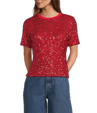 Sequin Crew Neck Short Sleeve Top | Dillard's