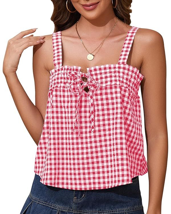 Women Cute Tie Front Plaid Crop Tank Tops Square Neck Sleeveless Gingham Camisole Tops Summer Bac... | Amazon (US)