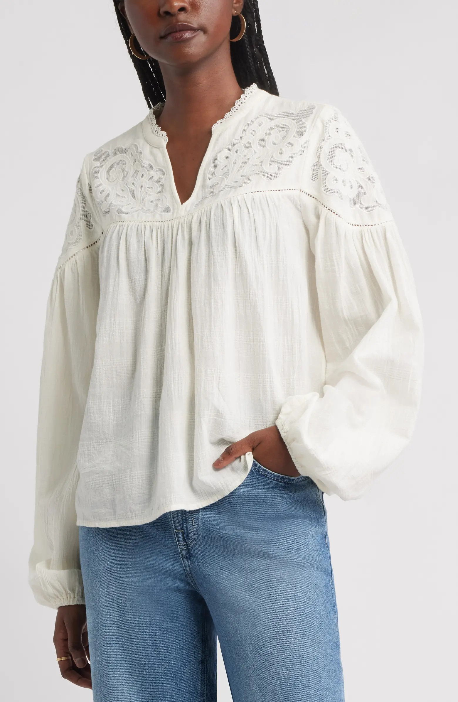 Appliqué Yoke Balloon Sleeve Cotton Top | Nordstrom