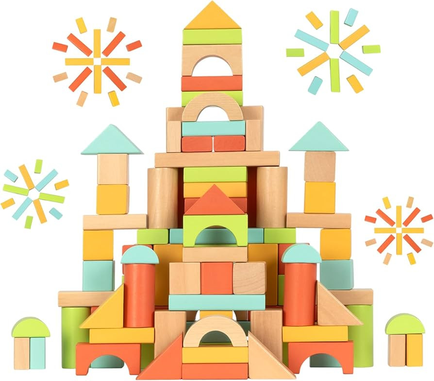 100pcs Wooden Blocks for Toddlers 1-3, Building Blocks for Toddlers 1-3, Wooden Block for Baby Sh... | Amazon (US)
