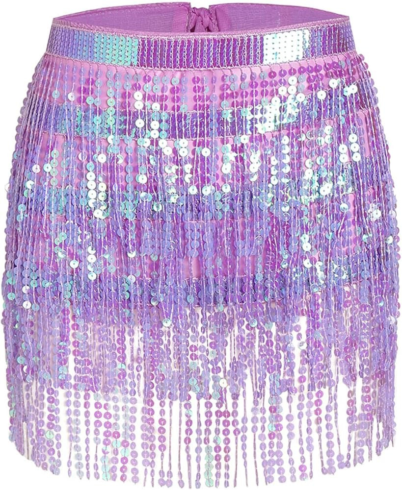 Women's Sequin Tassel Skirts Rave Fringe Hip Scarf for Festival(Light Purple) | Amazon (US)