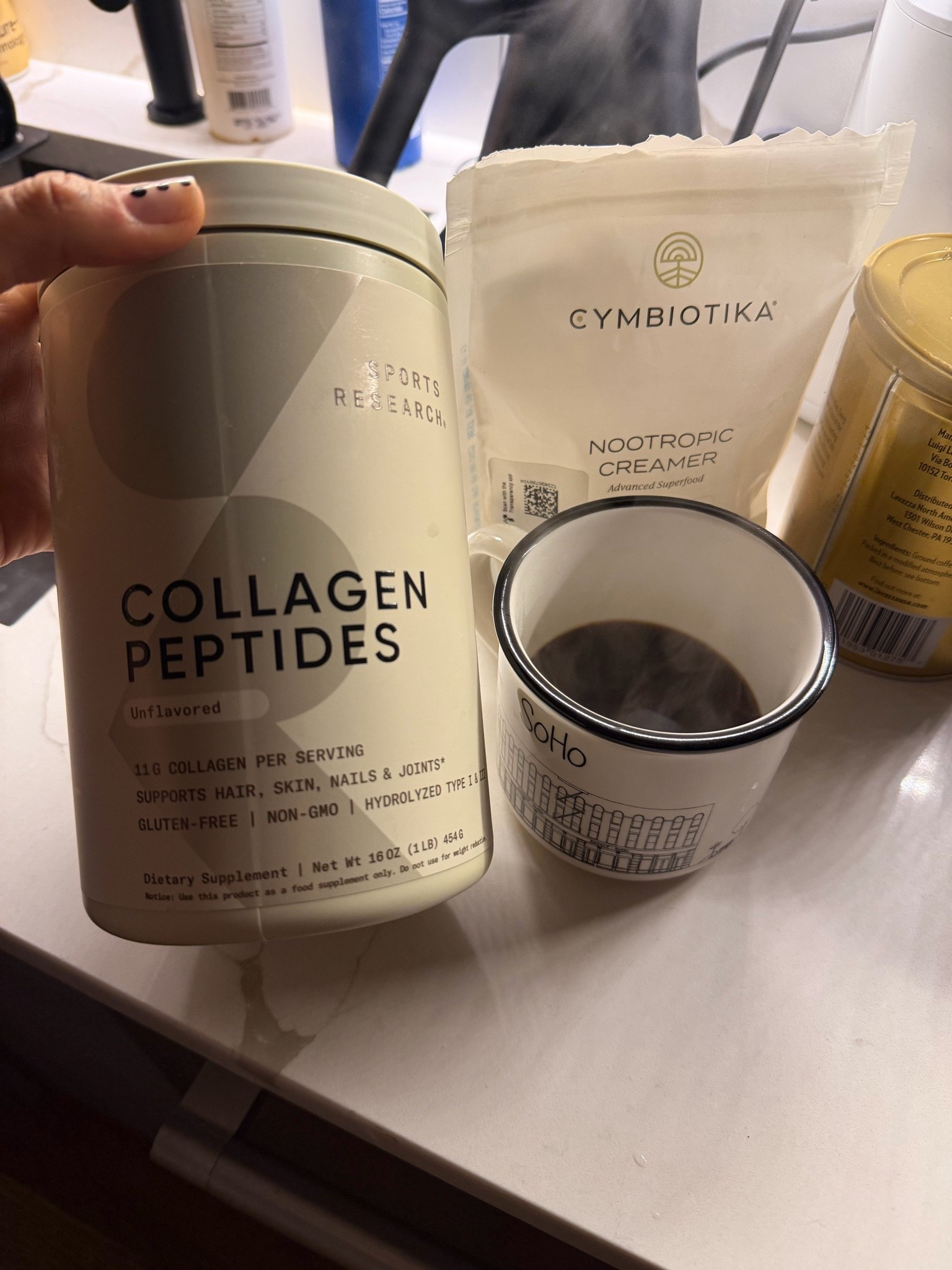What’s in my morning coffee 
collagen powder
Cymbiotika creamer for focus and energy
 

Looks like Symbiotika discontinued their coconut creamer, and I’m sad about it 
I found a substitute with mushroom powder and other ingredients that support focus. I haven’t tried it yet but it seems like a good alternative.