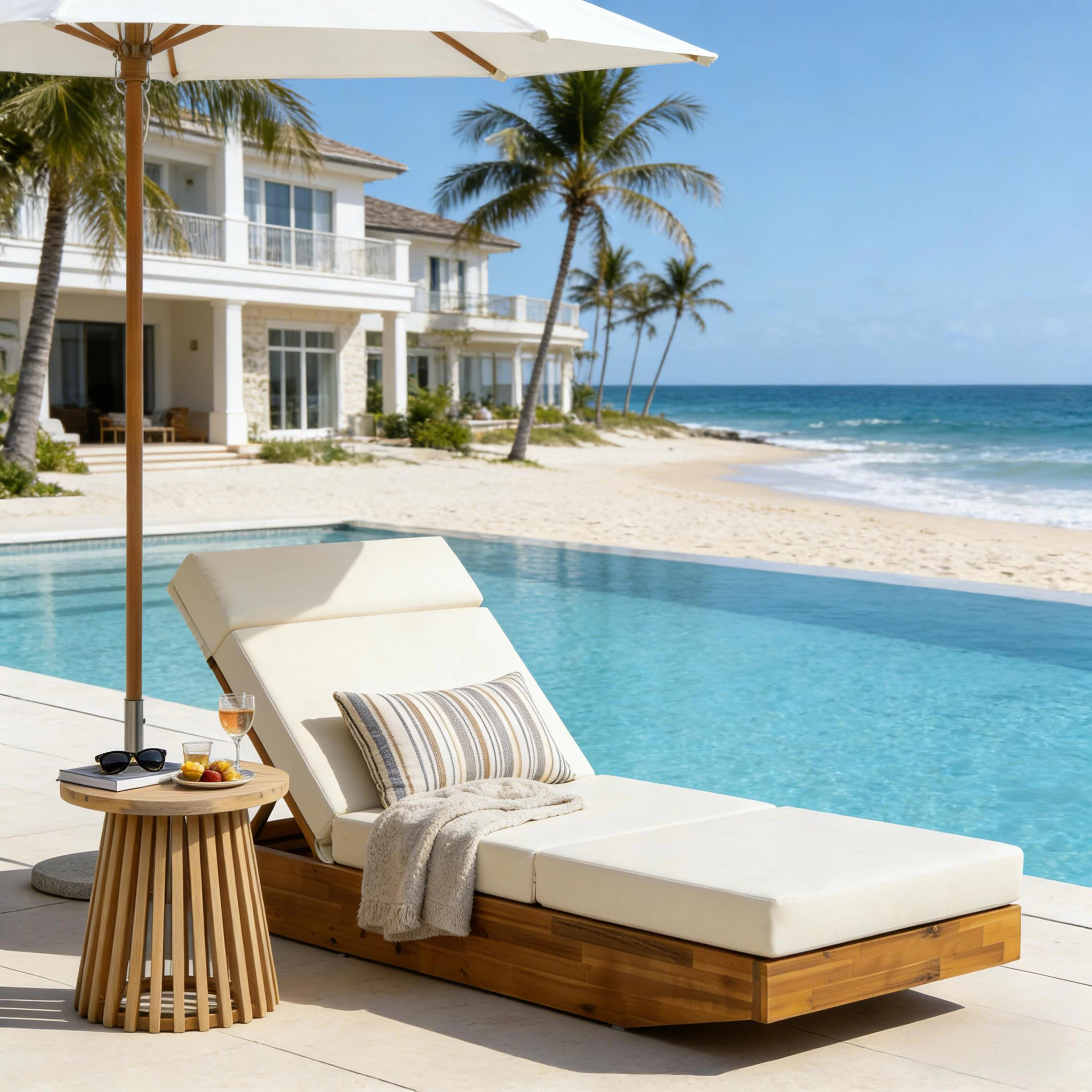 Christopher Knight Home Modern Outdoor Acacia Wood Chaise Lounge with Water-Resistant Cushion with Ergonomic Adjustable Headrest - Beige+Teak Finish | Lowe's