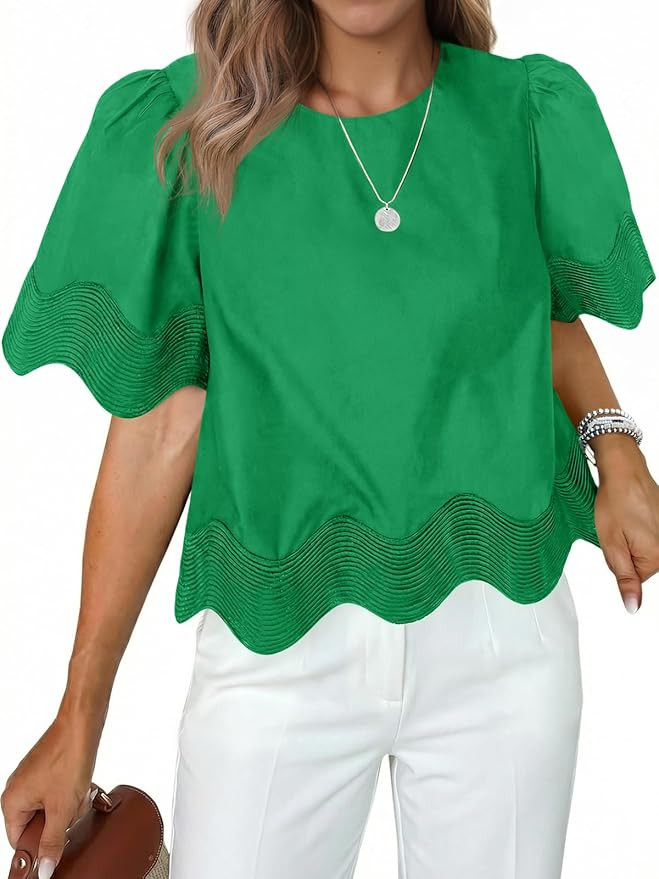 Tankaneo Womens Short Sleeve Crop Tops Summer Casual Scalloped Flowy Blouse Crewneck Ruffle Loose... | Amazon (US)