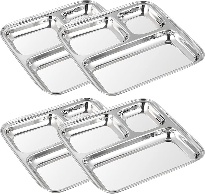 4-Pack Stainless Steel Compartment Plates for Kids, Premium Dinner Plates, 3 Section Divided Tray... | Amazon (US)