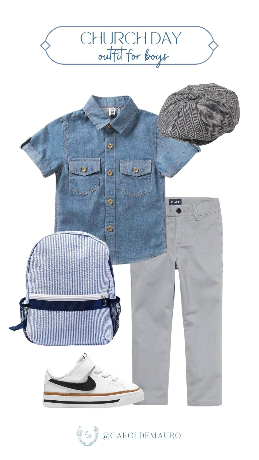 church day outfit for boys, toddler outfit, sundays best look, casual look, chambray button downs for boys, newspaper cap for toddlers, sneakers for kids, kids backpack, kids wardrobe, casual outfit for boys

#LTKootd #LTKBaby #LTKKids