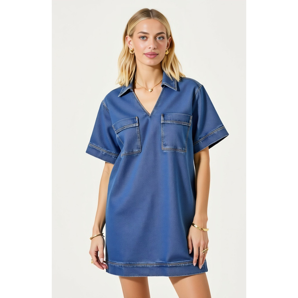 Modenaire Denim Mini Short Sleeve Chest Patch Pocket Shirt Dress in Blue at Nordstrom, Size Large | Nordstrom
