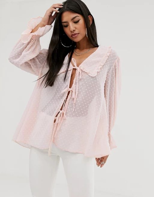 ASOS DESIGN long sleeve dobby blouse with tie front detail | ASOS US