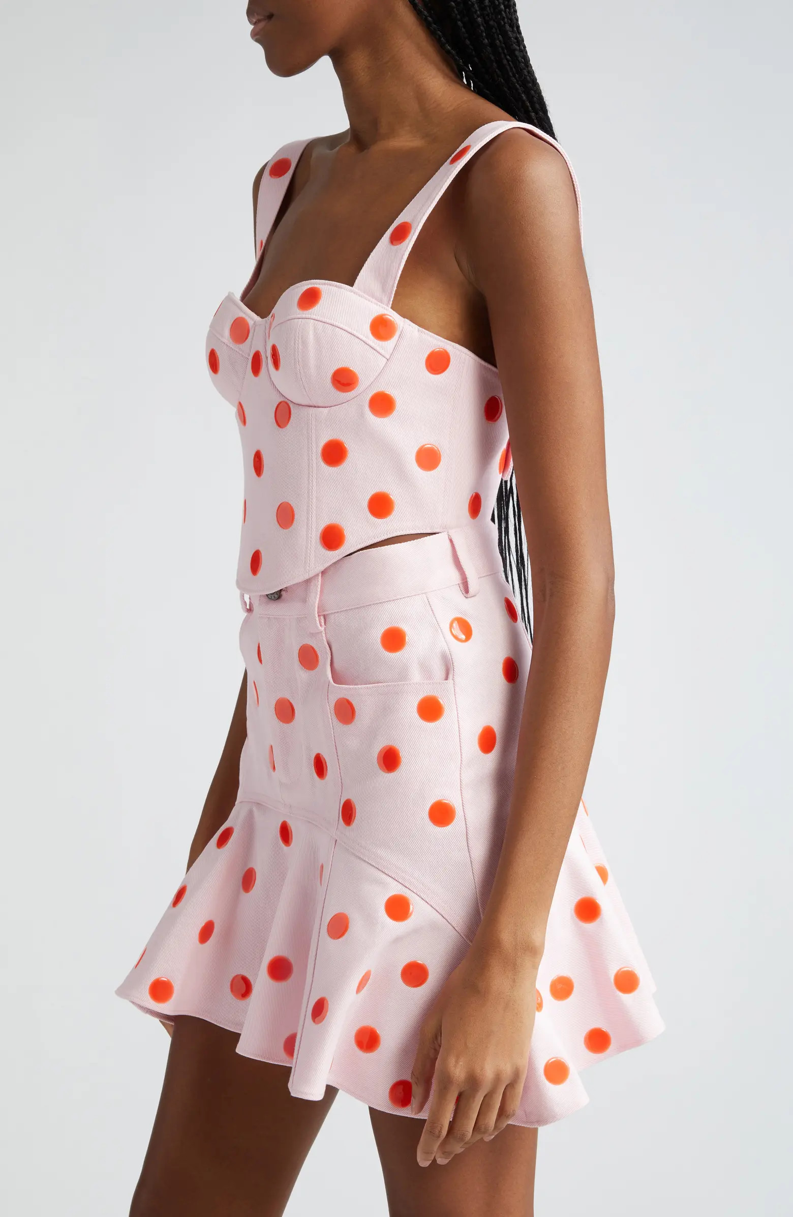 Area Polka Dot Ruffle Denim Bustier Top | Nordstrom | Nordstrom