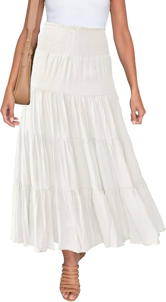 HAEOF Women's Summer Elastic High Waist Boho Maxi Skirt Casual Drawstring A Line Flowy Swing Long... | Amazon (US)