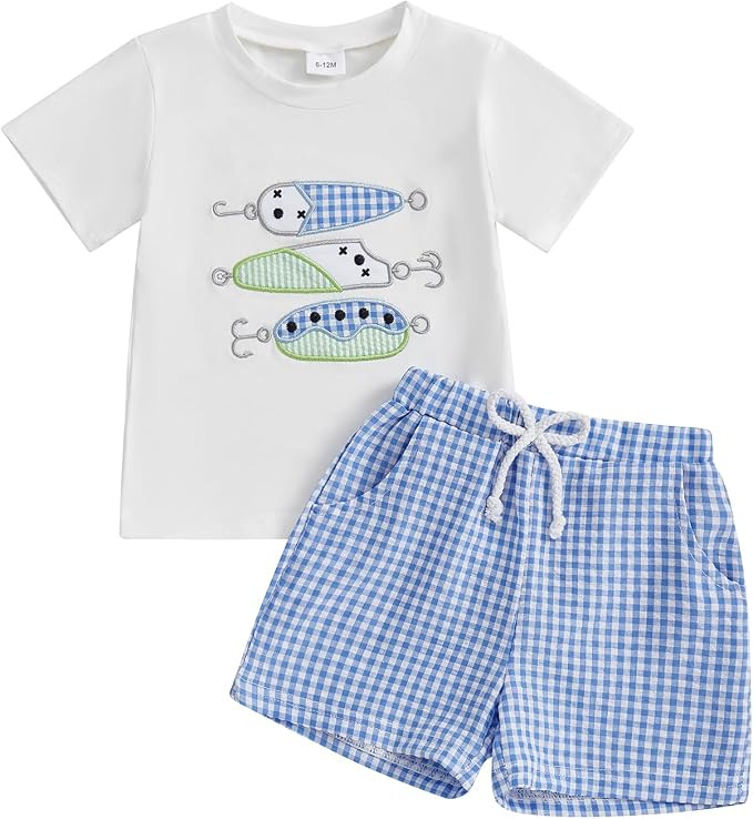 Toddler Baby Boy Summer Clothes Tree/Duck/Shark Short Sleeve Embroidery T-shirt Striped Shorts Se... | Amazon (US)