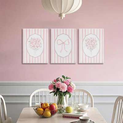 3 Piece Pink Floral Canvas Framed Wall Art Pink Striped Flower Art Prints Coquette Bow Pictures Wall Decor Minimalist Botanical Aesthetic Paintings Ar | Wayfair North America