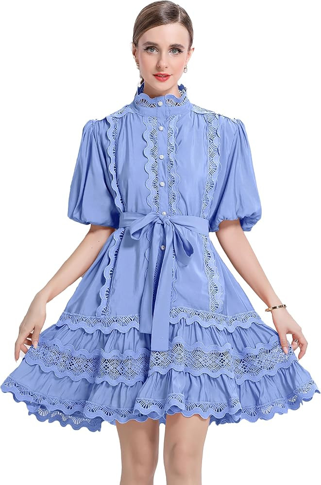 LAI MENG FIVE CATS Women Vintage Mock Neck Puff Sleeve Lace Ruffled Button Loose Mini Dress | Amazon (US)