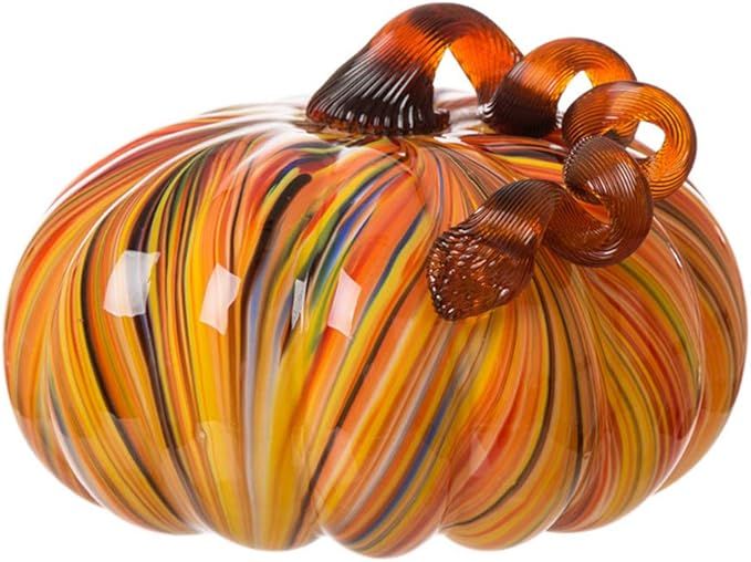 Glitzhome 6.5 Inch Hand Blown Rainbow Striped Glass Pumpkin Table Accent | Amazon (US)