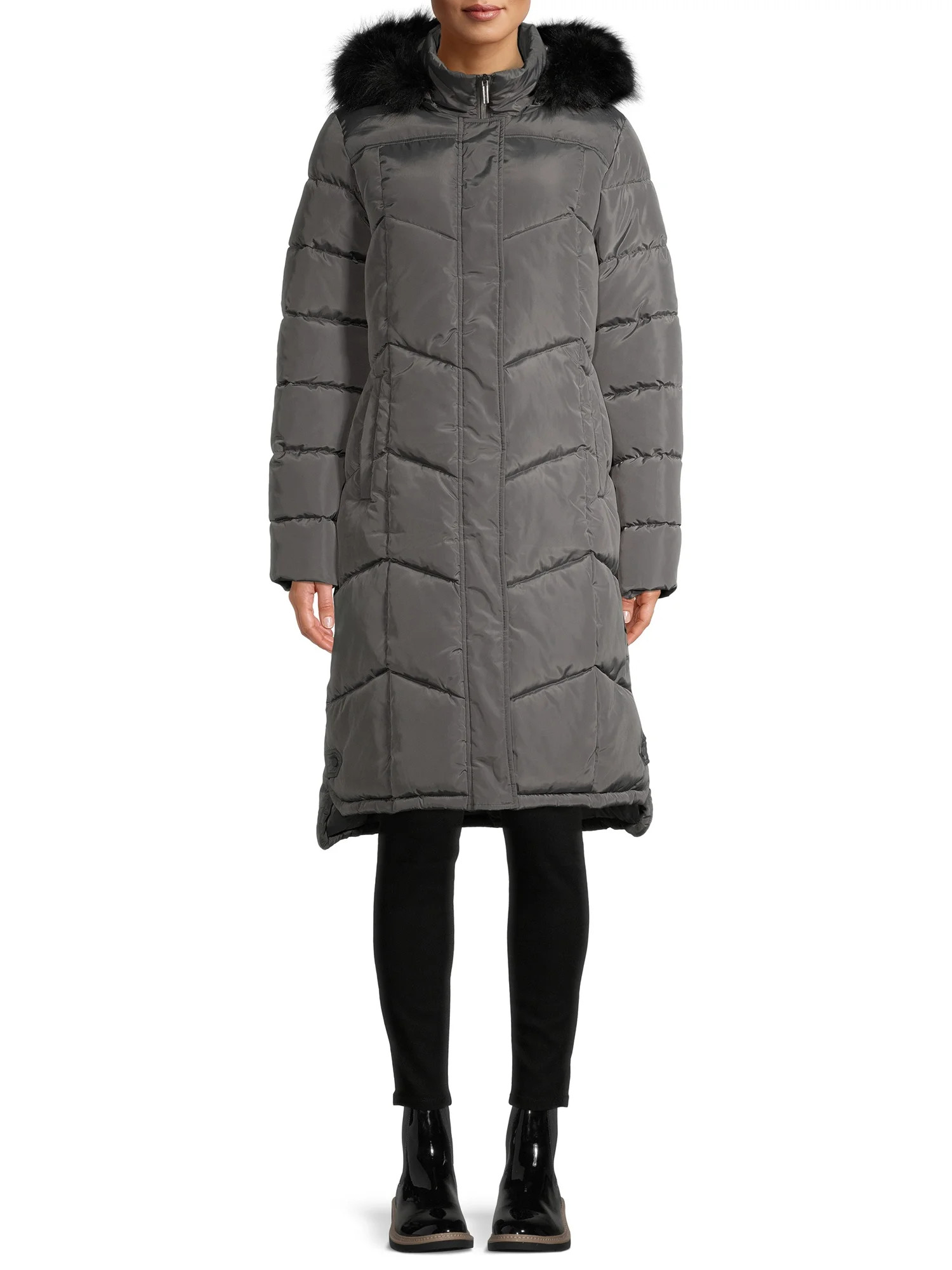 Big Chill Women's Faux Memory Chevron Quilted Maxi Coat with Faux Fur Hood | Walmart (US)