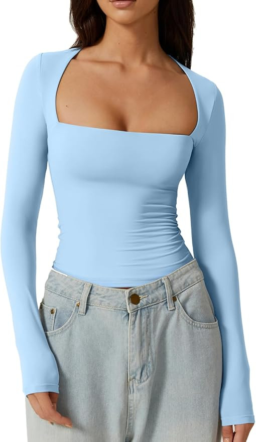 QINSEN Women's Sexy Square Neck Shirt Long Sleeve Double Lined Tees Fitted Going Out Tops | Amazon (US)
