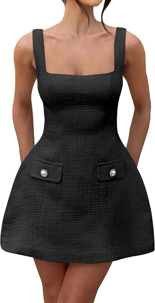 SHESEEWORLD Women's Sleeveless Tank Dress Square Neck Adjustable Straps Backless Mini Dress | Amazon (US)