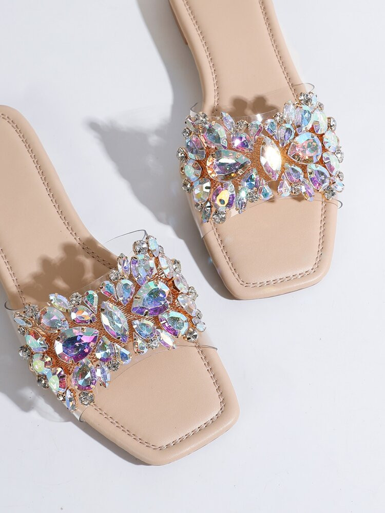 Women Rhinestone Decor Clear Strap Slide Sandals, Glass Fashionable Flat Sandals | SHEIN