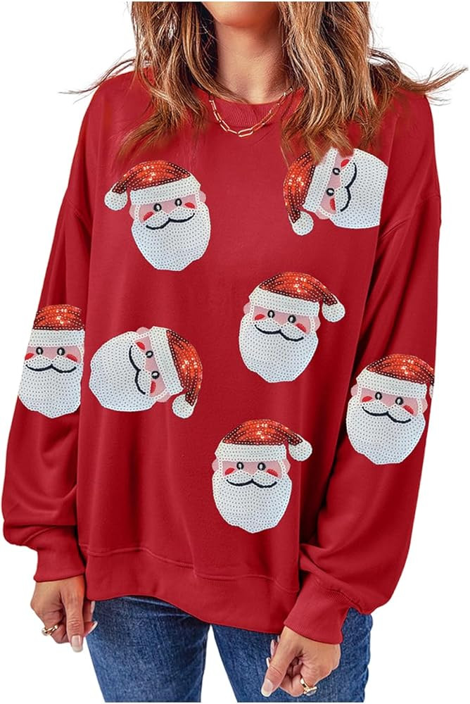 Ecosunny Christmas Sweatshirts Womens Sequin Santa Graphic Shirt Csausl Crewneck Long Sleeve Holi... | Amazon (US)
