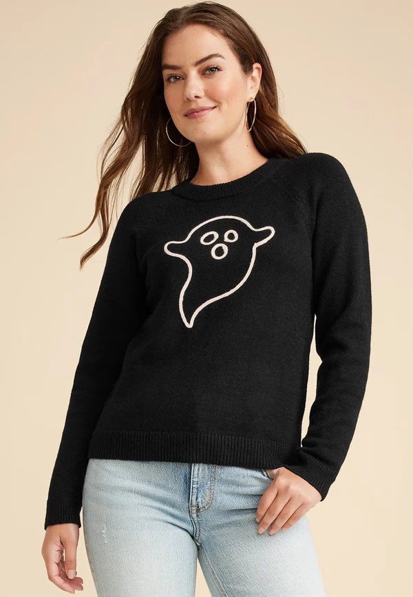 Halloween Embroidered Ghost Sweater | Maurices