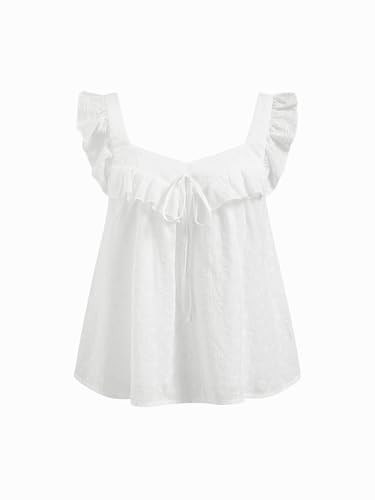 CIDER Womens Going Out Tank Crop Tops Eyelet Embroidered Floral Ruffle Square Neck Tie Sleeveless... | Amazon (US)