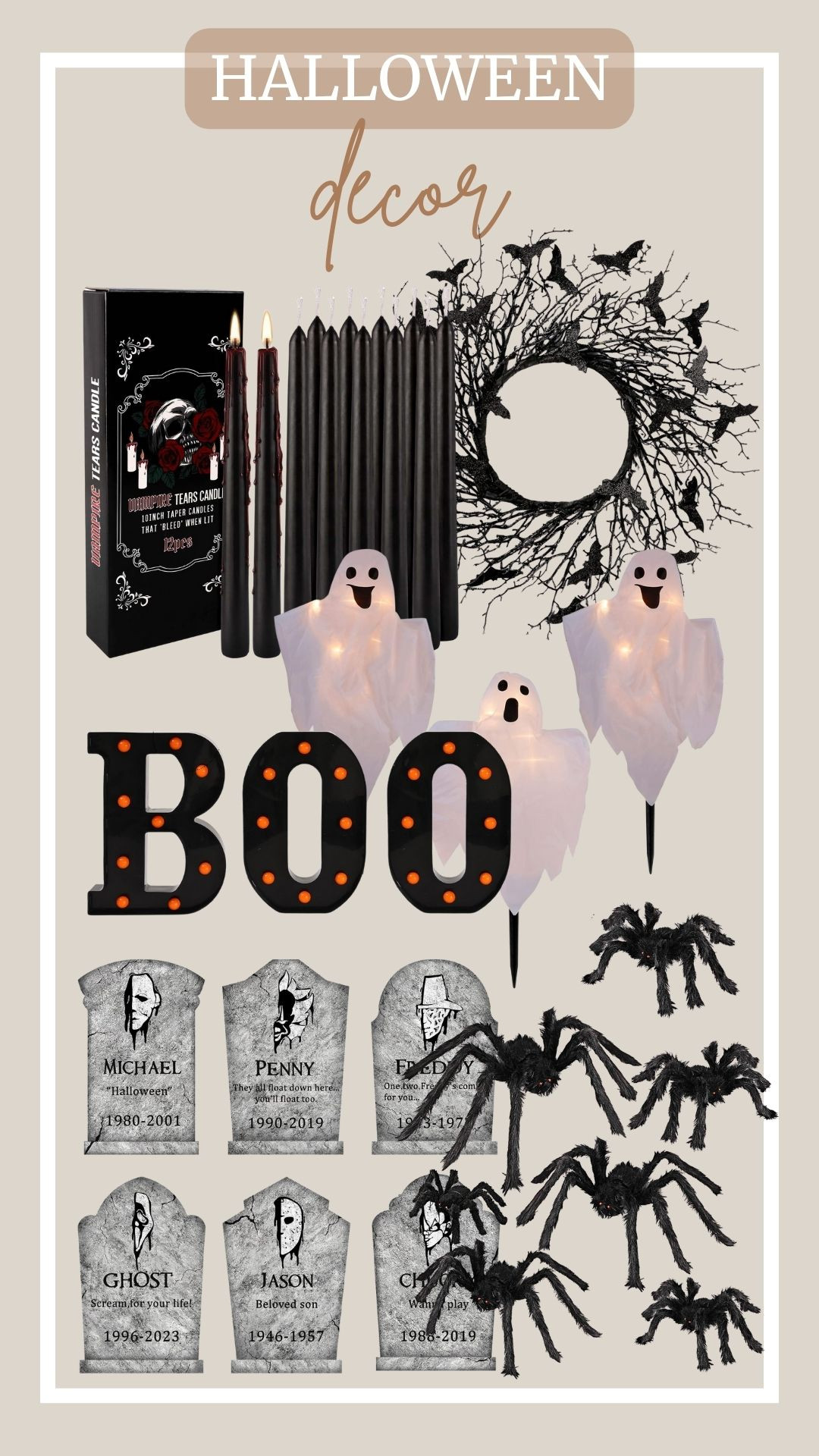 These Halloween finds are the perfect mix of spooky and chic. Shop now.

Lighted white ghost stakes, halloween spider decorations, boo halloween décor, tombstone decor yard signs, black twig wreath, and black bleeding taper candles. 

 #LTKSeasonal #LTKHome