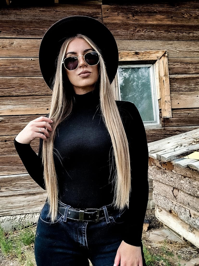 REORIA Women's Long Sleeve Ribbed Turtleneck Leotard Stretchy Bodysuit Tops Jumpsuits | Amazon (US)