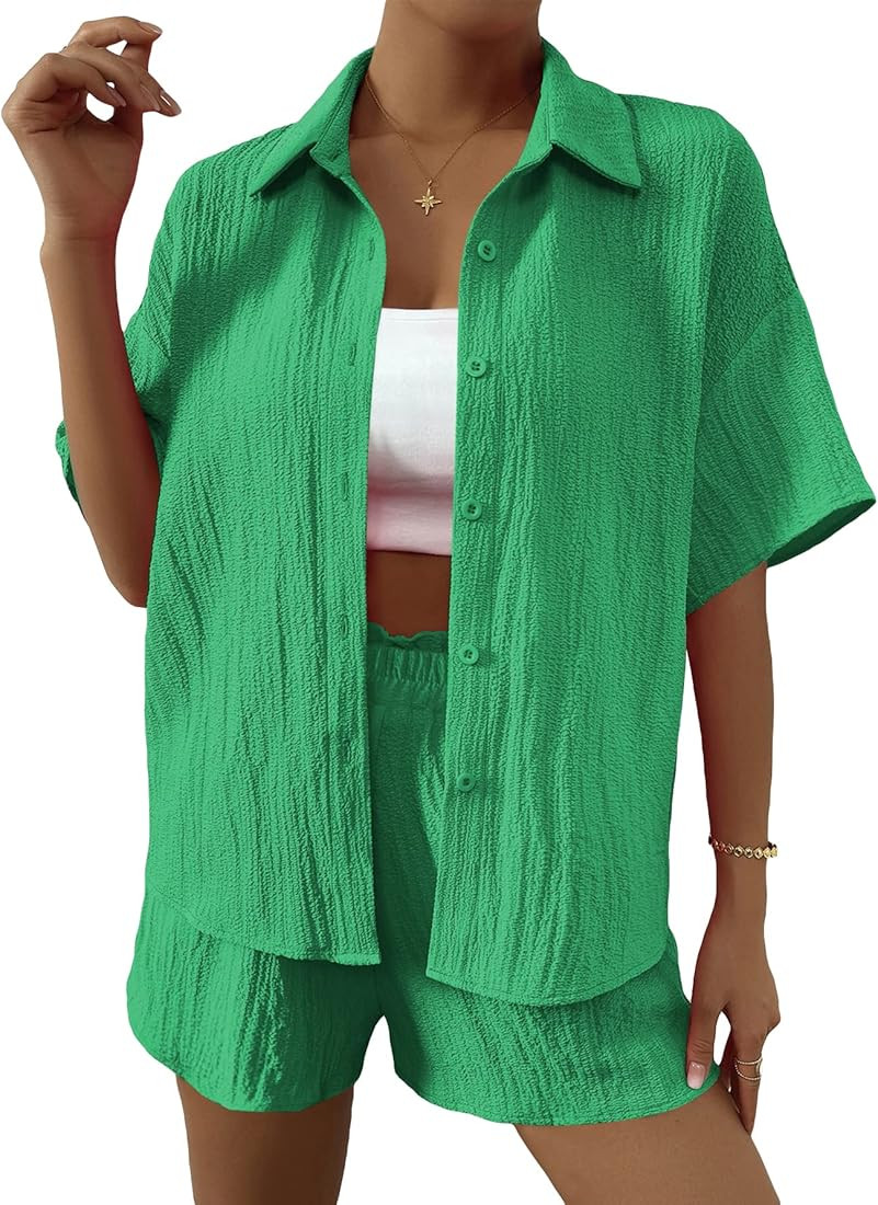 WDIRARA Women's 2 Piece Outfit Button Front Short Sleeve Collar Shirt and Shorts Set | Amazon (US)