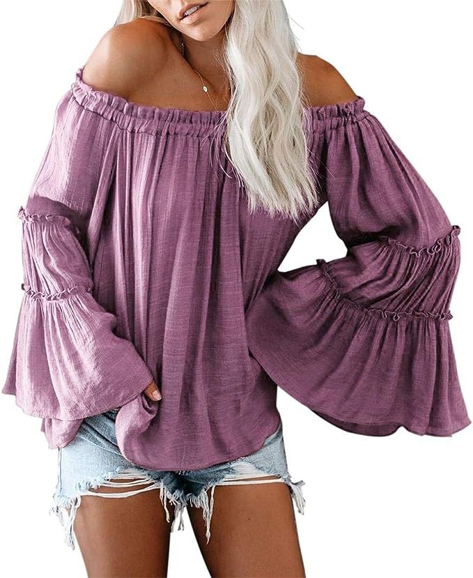 RXRXCOCO Womens Off The Shoulder Tops Chiffon Bell Sleeve Shirts Polka Dot Shirred Blouse | Amazon (US)