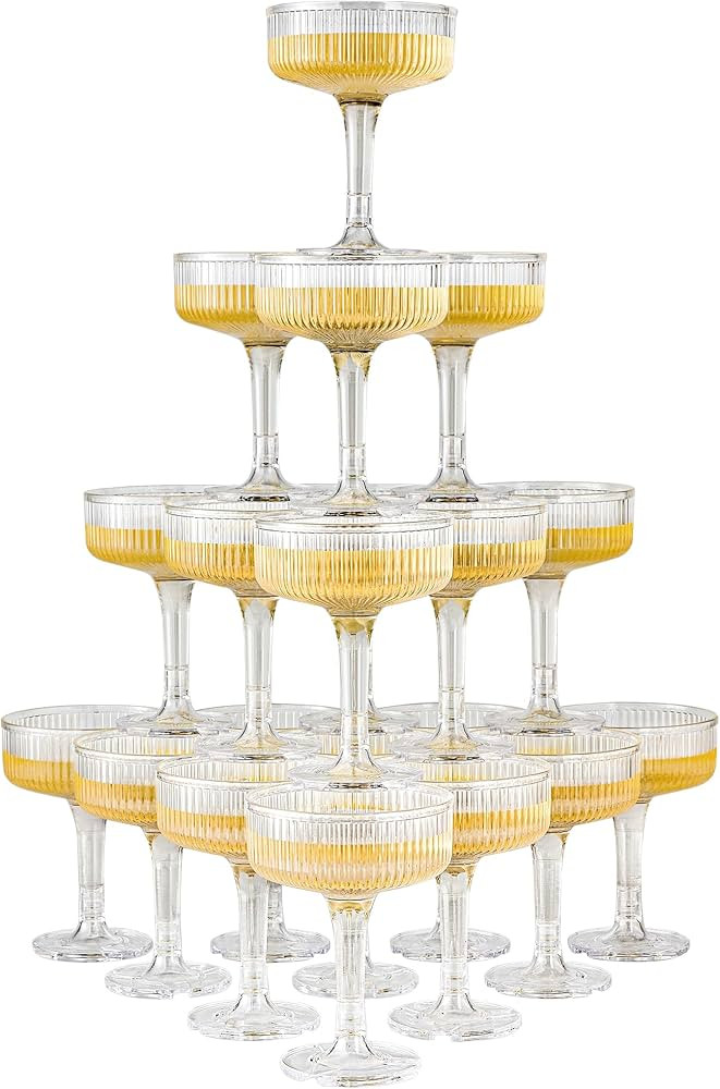 20 Pack Plastic Champagne Tower, 7oz Champagne Coupe Unbreakable Plastic Cocktail Glasses Acrylic... | Amazon (US)