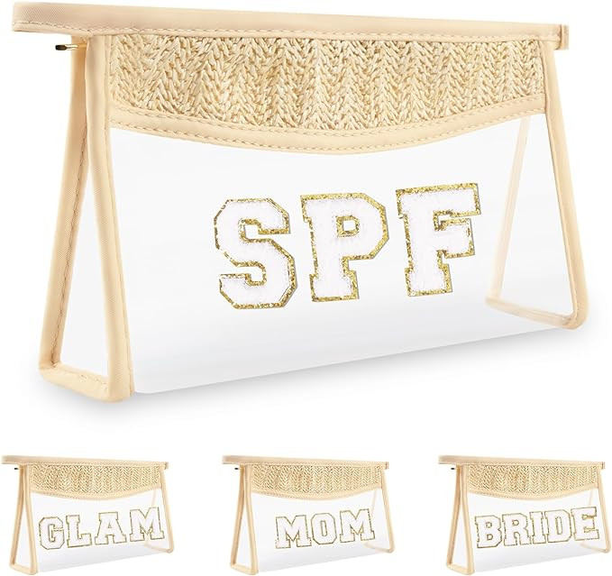 Iqimott Boho Patch SPF Bag Clear Makeup Letter Bag, Waterproof Zipper Make up Bag Toiletry Pouch ... | Amazon (US)