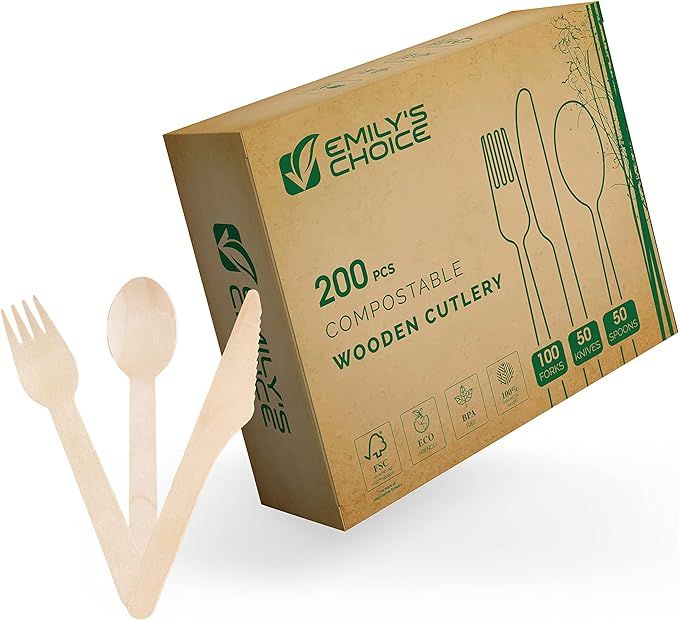 Emily's Choice 200 Pc Disposable/Biodegradable Wooden Cutlery/Compostable Utensils Set, 100 Spoon... | Amazon (US)