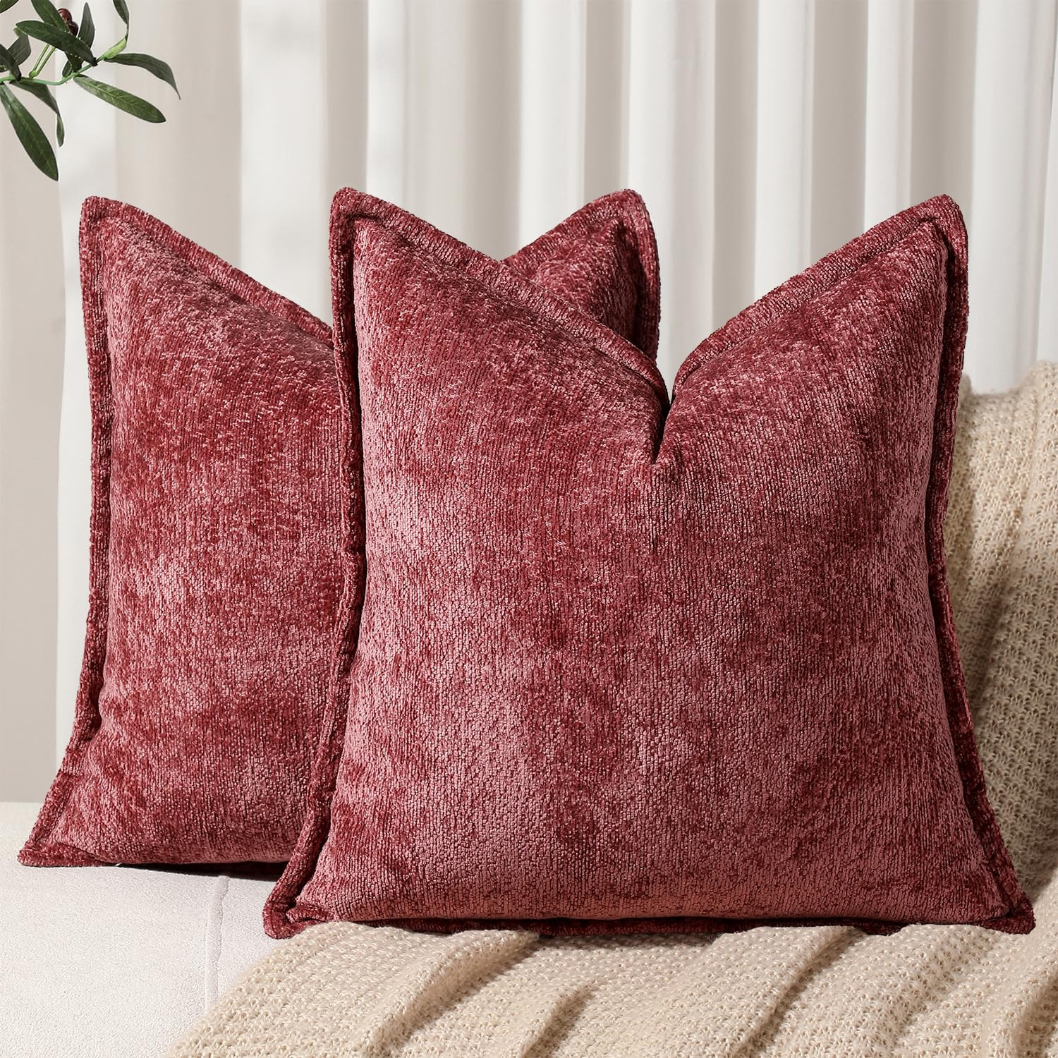 DEZENE Pack of 2 Burgundy Fall Decorative Throw Pillow Covers 18x18 Cozy Soft Chenille Accent Vin... | Amazon (US)