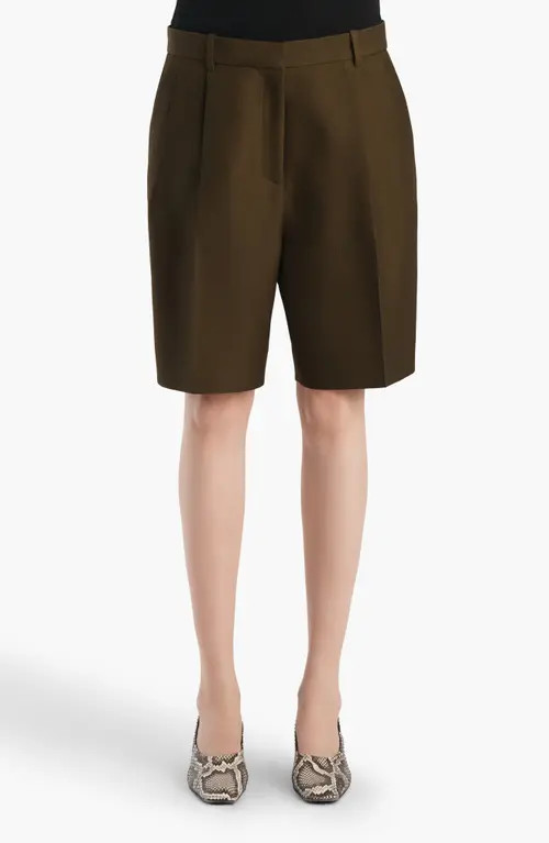 Khaite Auggie Pleated Wool & Silk Wide Leg Shorts in Dark Olive at Nordstrom, Size 6 | Nordstrom