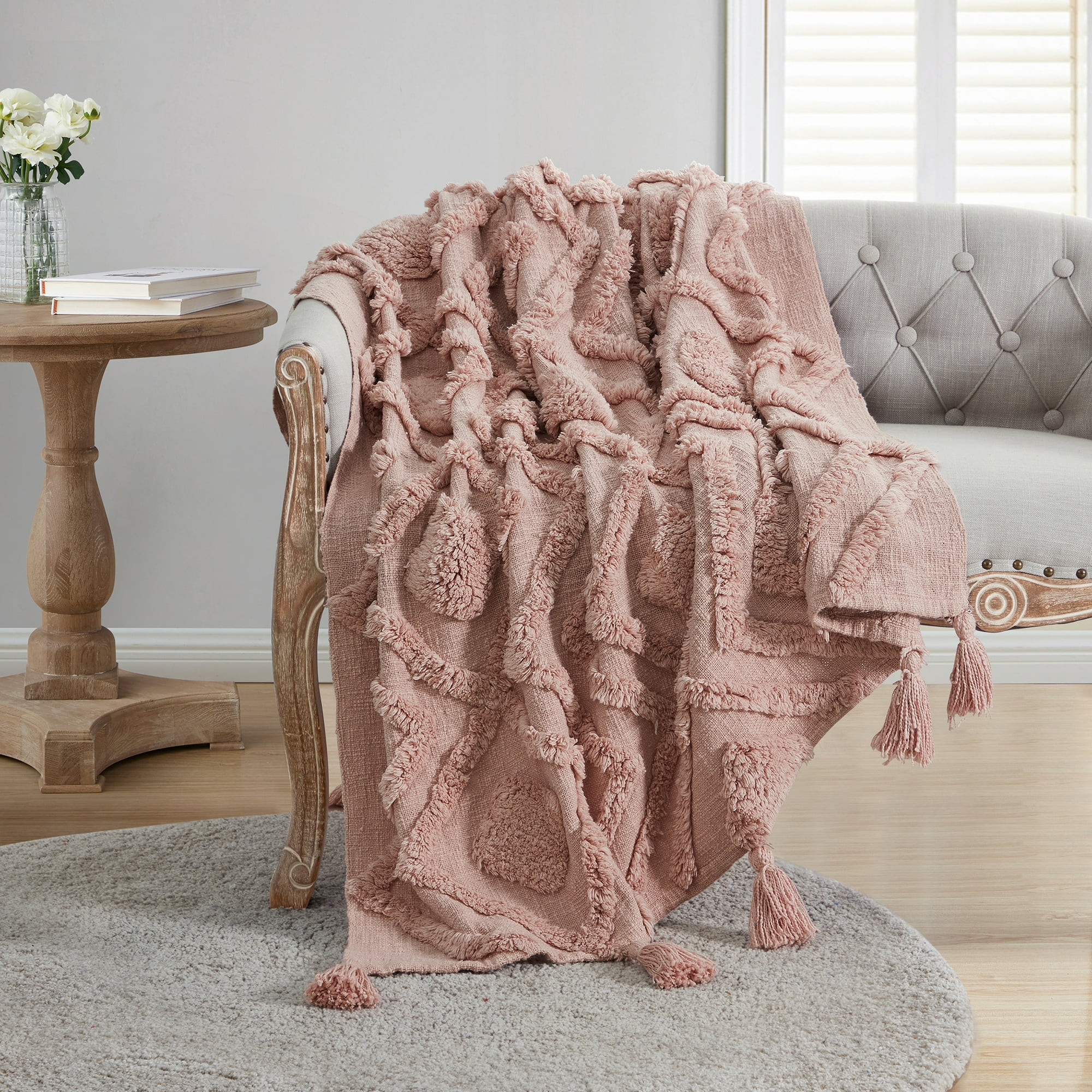 My Texas House Cameron Tufted Cotton Throw, 50" x 60", Rose Smoke | Walmart (US)