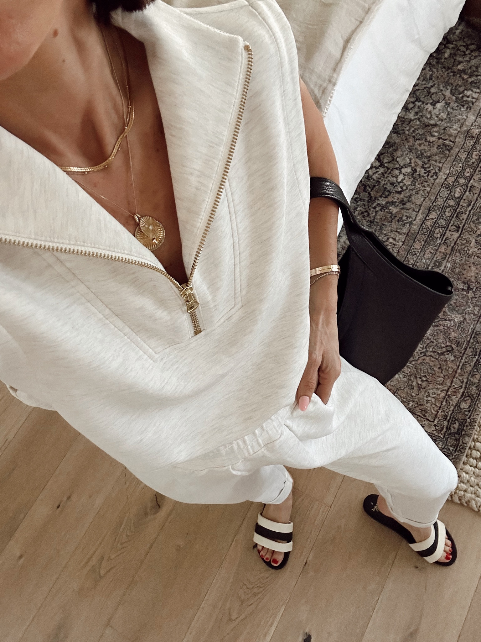 love this sleeveless half zip in the vest double soft material- tts (wearing an xxs) 
Pants are short gal friendly (run tts) 
10% off slides with code ITSYBITSYINDULGENCES10 

#LTKover40