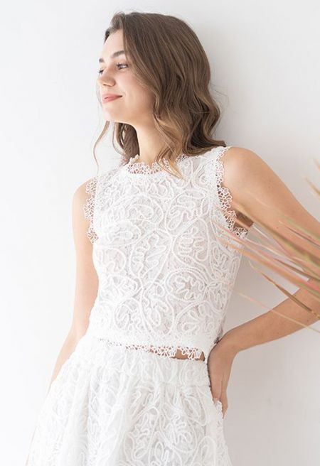 Diva Full Lace Crop Top in White for Bridal Showers & Beach Getaways | Chicwish