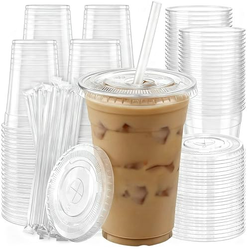 100 Pack 16 oz Plastic Cups with Lids and Straws, Clear Disposable Plastic Cups, Heavy Duty Iced Coffee Cups with Leak-Resistant Lids, Cold Drink Cups for Smoothies, Juice, Soda & Party To Go | Amazon (US)