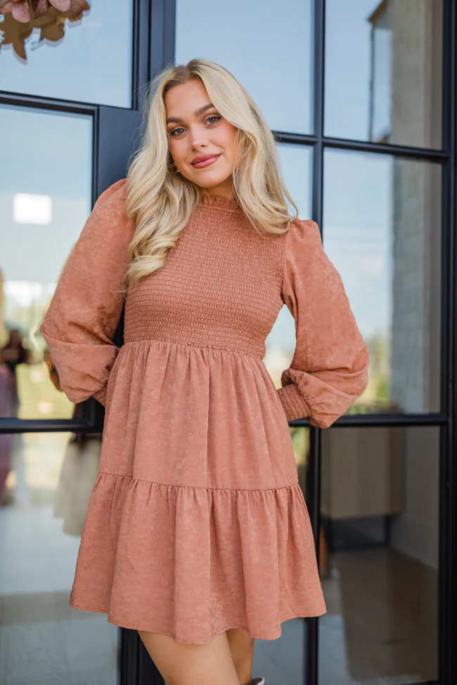 Long Nights Camel Textured Mini Dress | Pink Lily