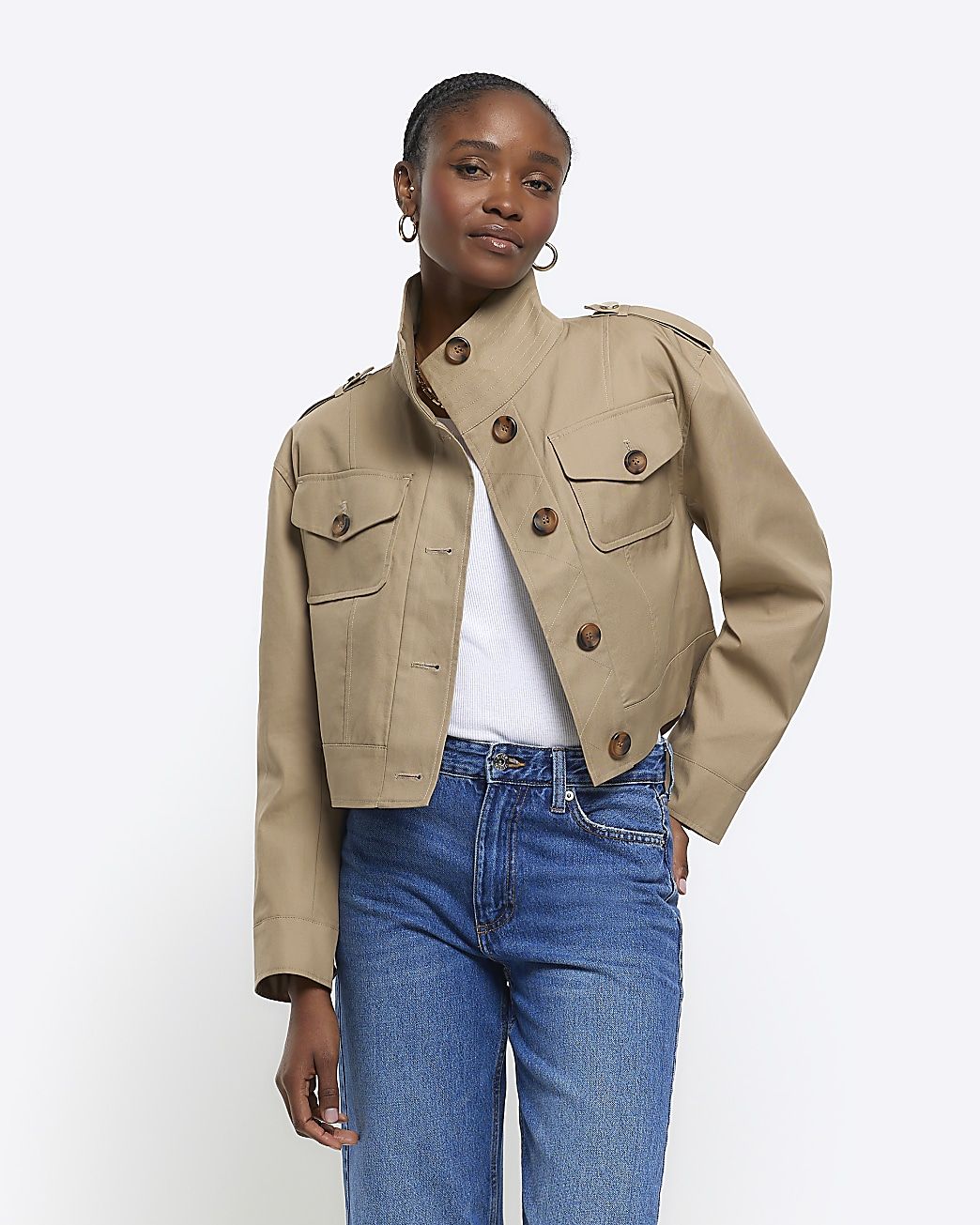 Beige button up crop trench coat | River Island (US)