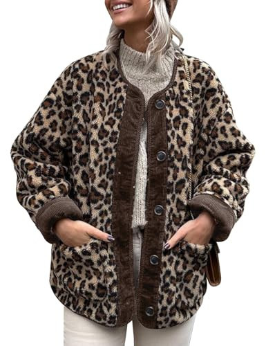 Eisctnd Women's Fuzzy Fleece Jacket Leopard Print Long Sleeve Open Front Coats Lightweight Casual Outerwear with Pocket(Leopardprint-XS) | Amazon (US)