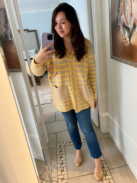 Oversized striped cardigan, runs big, size down! On sale 
Mother denim the hustler ankle jeans - true to size 
Chanel ballerina flats 
Mom on the go outfit
Casual office outfit 

#LTKstyletip #LTKsalealert