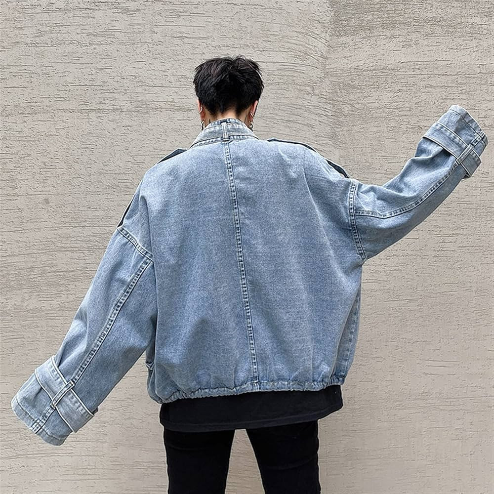 * High Street Men Denim Jacket Stand Collar Loose Casual Coat Drawstring Suitable for Outdoor Act... | Amazon (US)