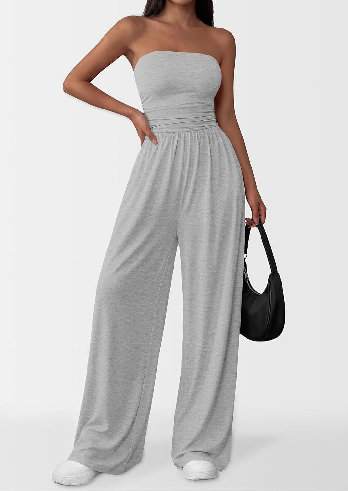 PRETTYGARDEN Womens Trendy Strapless Rompers 2026 Ruched Tube Top Wide Leg One Piece Jumpsuits Be... | Amazon (US)