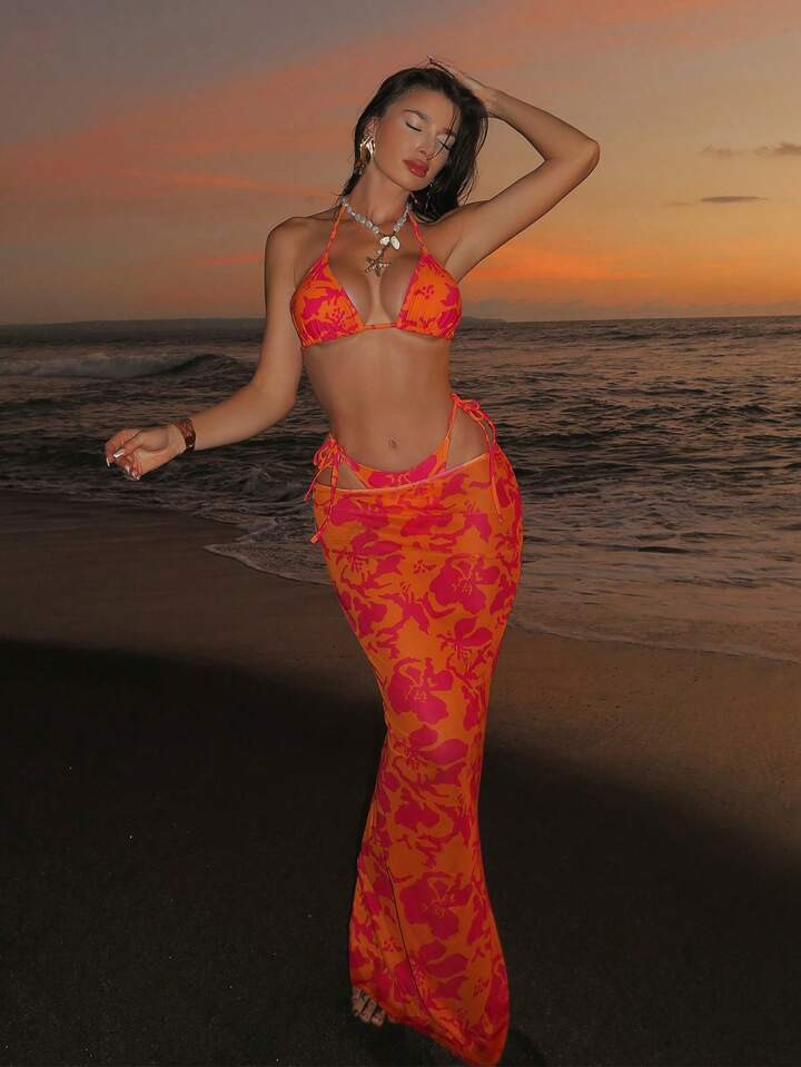 Swim SXY Women's 3pcs/Set Beach Summer Outfit, Includes Printed Spaghetti Strap Crop Top, Tie Side Swimwear Bottom, And Long Dress Bikini Set | SHEIN