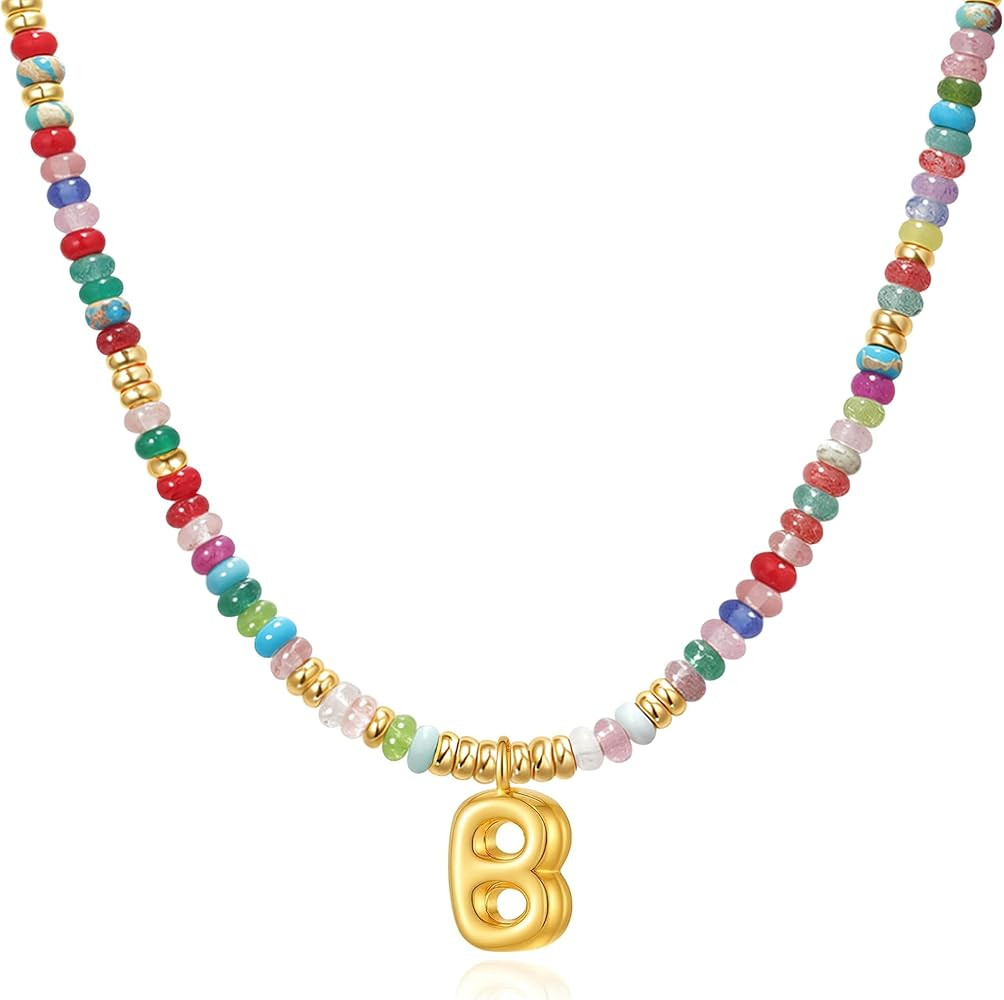 YOUFENG Initial Letter Necklaces for Women Colorful Beaded Gemstone Choker 14K Gold Plated Bubble... | Amazon (US)