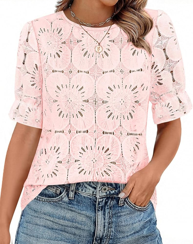 KIRUNDO Lace Tops for Women Blouses Dressy Casual Boho Eyelet Puff Short Sleeve Shirts Spring Sum... | Amazon (US)