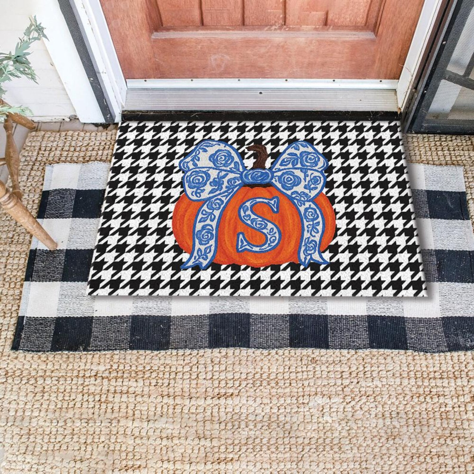 Pumpkin Monogram Doormat – Fall Doormat With Blue Floral Bow and Houndstooth Pattern, Personali... | Etsy (US)