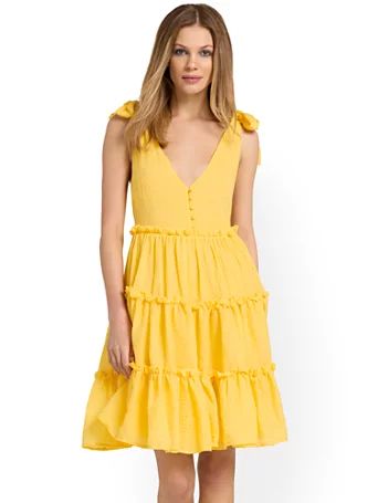 NY & Co Women's Shoulder-Tie Tiered Dress - Free The Roses Yellow Size Small Polyester/Rayon | New York & Company